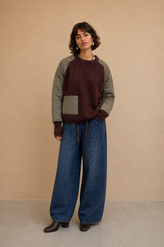 Pantalon jeans large à poche brodée Rena - Denim