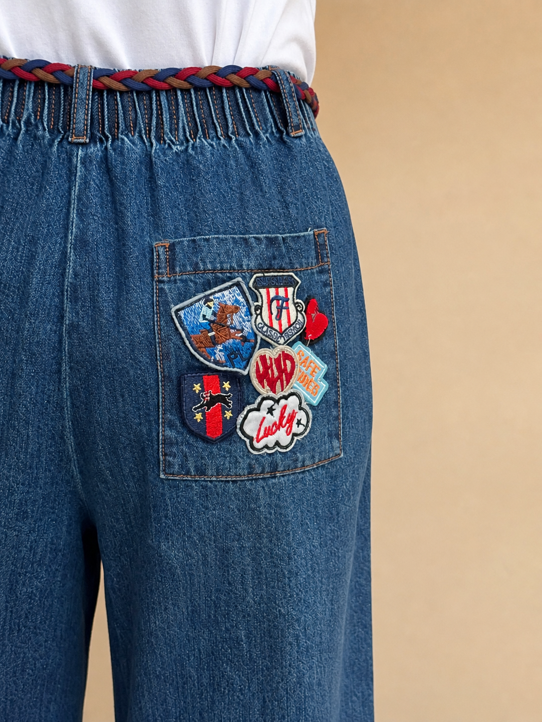 Pantalon jeans large à poche brodée Rena - Denim
