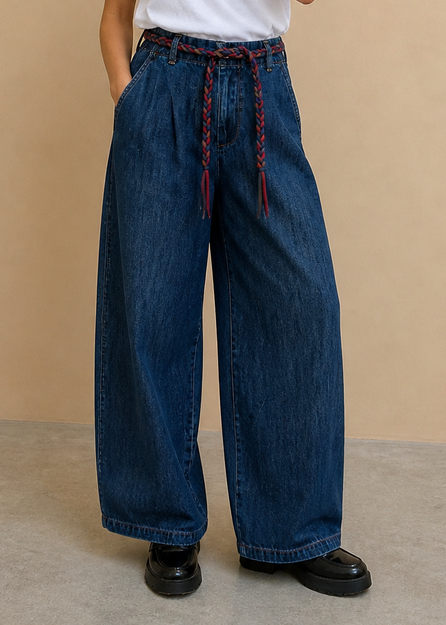 Pantalon jeans large à poche brodée Rena - Denim