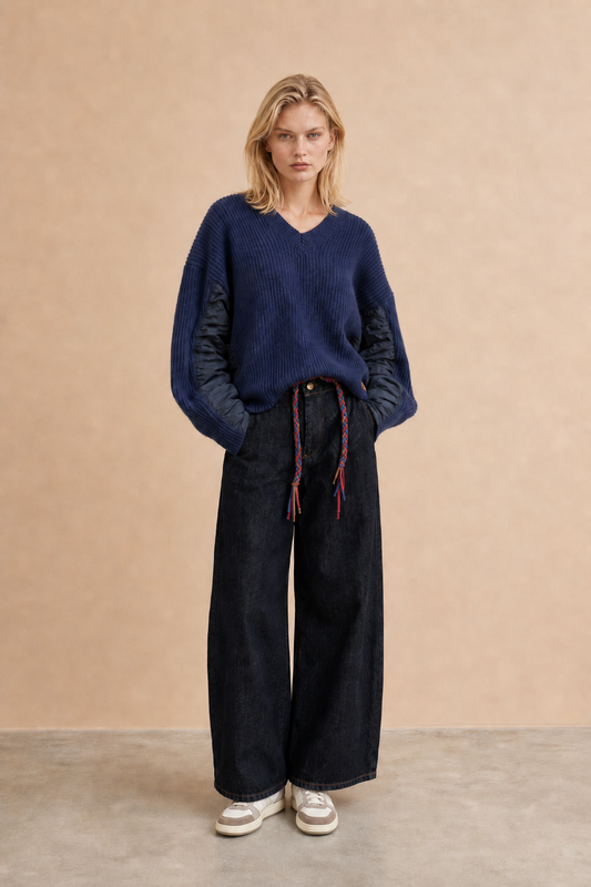 Pantalon large à poche brodée Rena - Denim Noir
