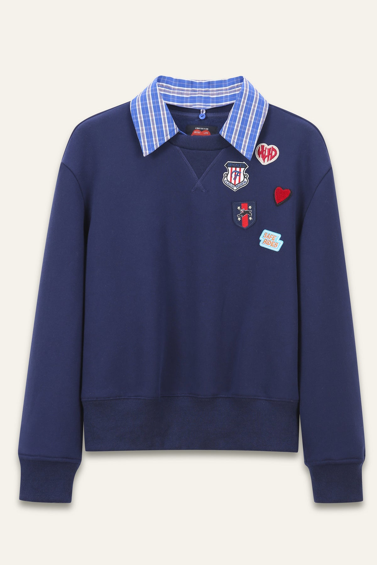 Sweatshirt coton avec des écussons col à carreaux Enine - Marine