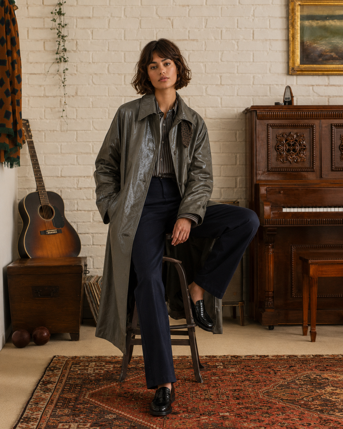 Le trench long effet cuir Angie - Kaki
