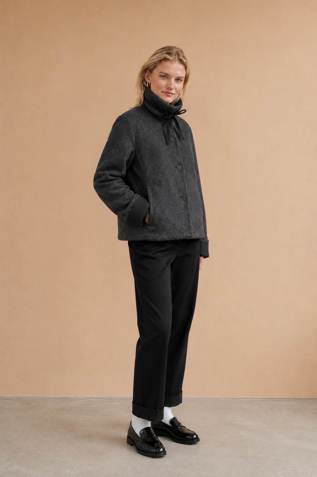 Veste fausse fourrure en laine col contrastant Livina CT3141 - Gris