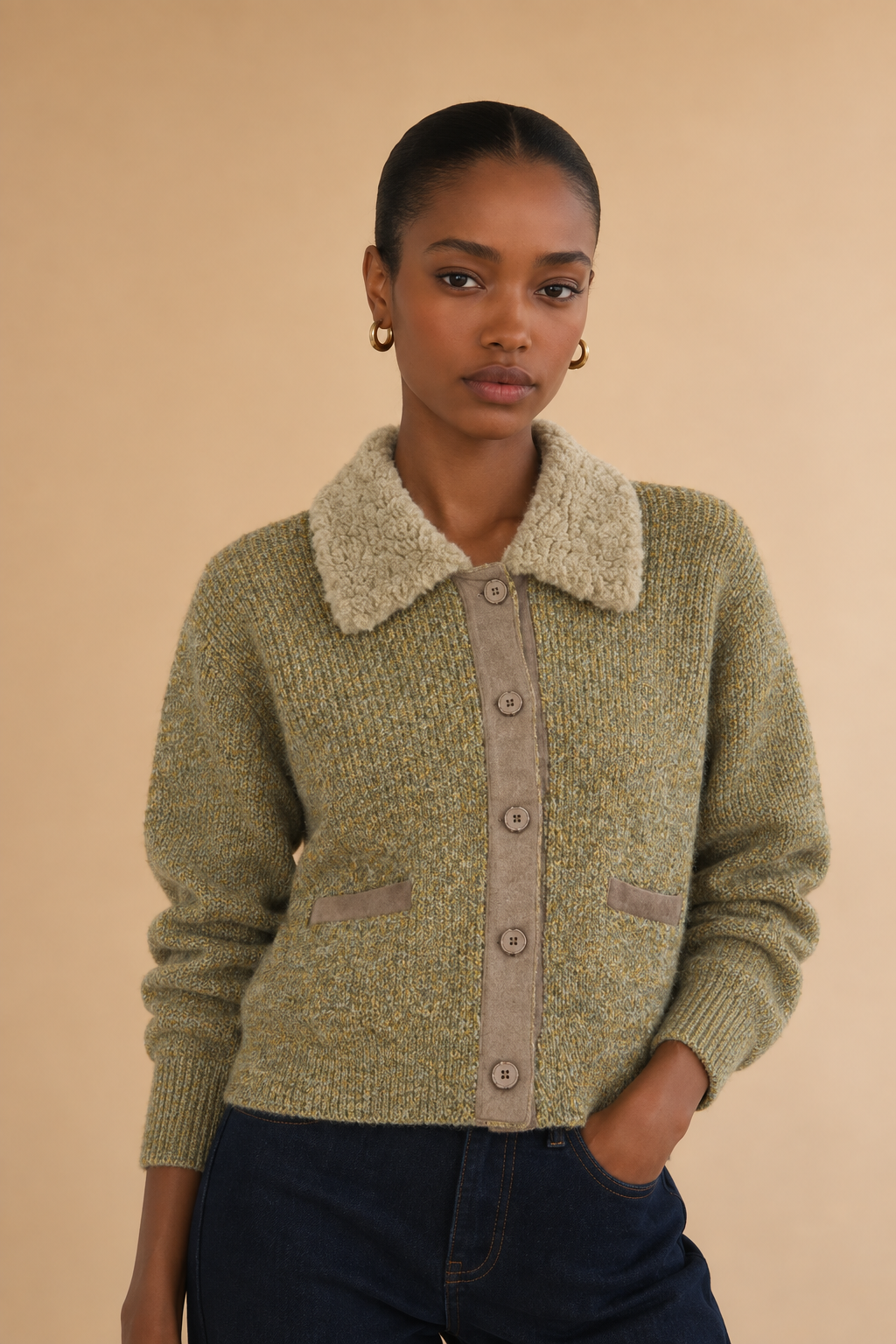 Cardigan en maille à col effet fourrure Benji - Kaki