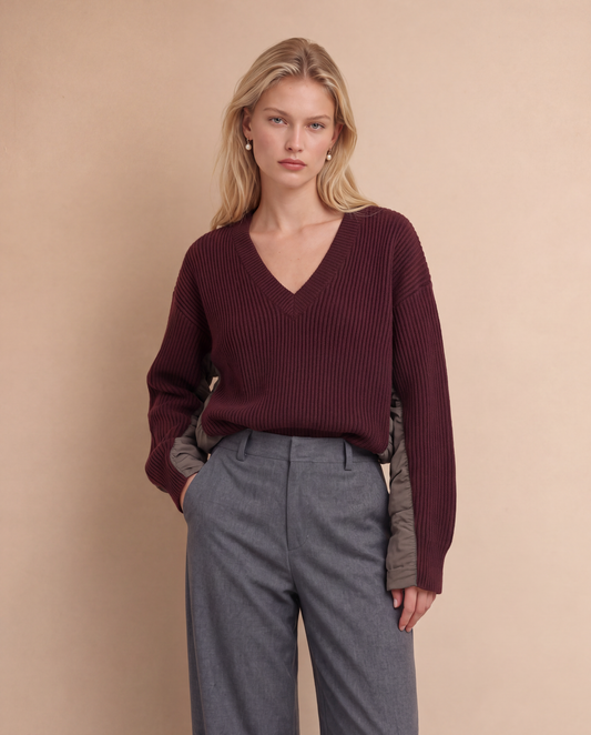 Pull col V bi-matière maille côtelée Anita - Bordeaux