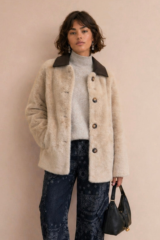 Manteau fausse fourrure col simili-cuir Zephyra - Écru